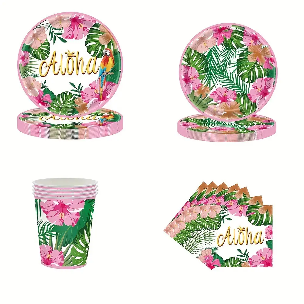 Hawaii Theme Party Sets Party Disposable Paper Plates Paper Cups Tissue Paper Flower Party Tableware Decorations