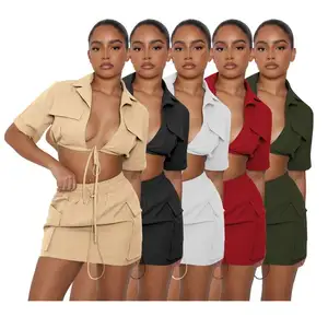 Wholesale online shopping trendy women clothes plus size S-2XL summer blouses cargo two piece skirts for women set