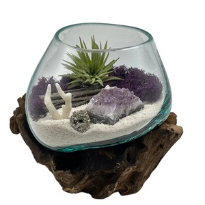 Vaso per decorazioni per la casa contenitori per terrari a forma rotonda in vetro OEM vaso di vetro terrario con Base in legno a tema spiaggia terrario per piante fai da te - Product Image 1