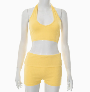 Viviblook D25ST155 Women Solid Color Summer Thread Halter Lace up Tank Top Folding High Waist Shorts Set 2 Piece Suit - Product Image 2