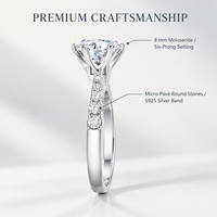 Bague de fiançailles en moissanite pour femme, en argent sterling 925, avec pierre ronde brillante de 2 carats (8 mm) et quatre griffes, avec bande latérale