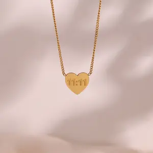 Necklace Stainless Steel 18k Gold Plated Heart Engraved 11 11 Angel Number 1111 Pendant Necklace Women