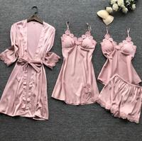 Ensemble de pyjamas en satin de soie personnalisé Ensembles 4 pièces pour femmes Homewear d'été Cami en dentelle Vêtements de nuit avec robe de chambre