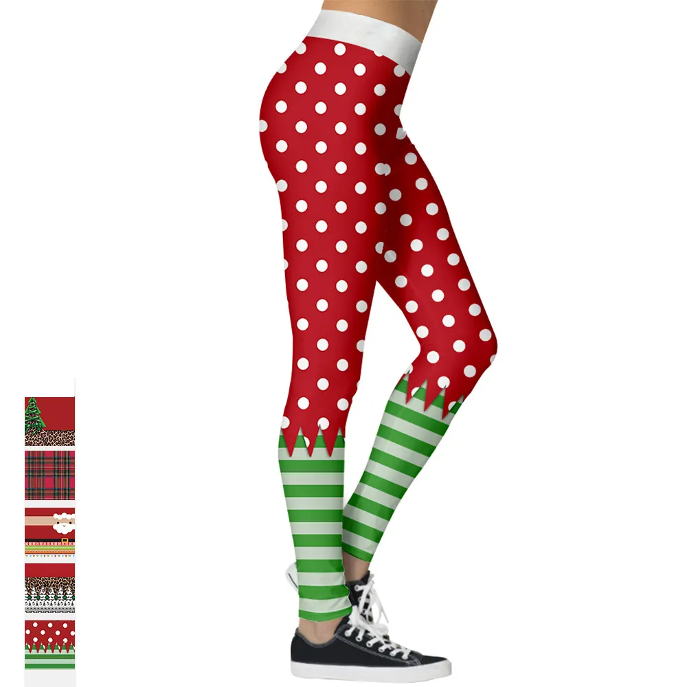 Factory Wholesale Polka Dot Stripe Digital Print Womens Christmas Casual Sporty Elastic Skinny Legging