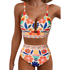 Conjunto de Bikini de 2 Piezas para Mujer 2026, Cintura Alta, Corte en U, Estampado Floral, con Espalda Cruzada - Product Image 2