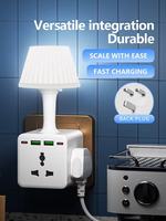 Prise de courant multiprise avec 3 prises, matériau ABS, prise universelle (US/UK/EU/SA), lumière nocturne, ports USB A et C, prise murale