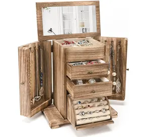 Benutzer definierte große Holz Schmucks cha tulle Organizer mit Spiegel, 4-lagige Schmuck Organizer Box Display für Ringe Ohrringe Halsketten