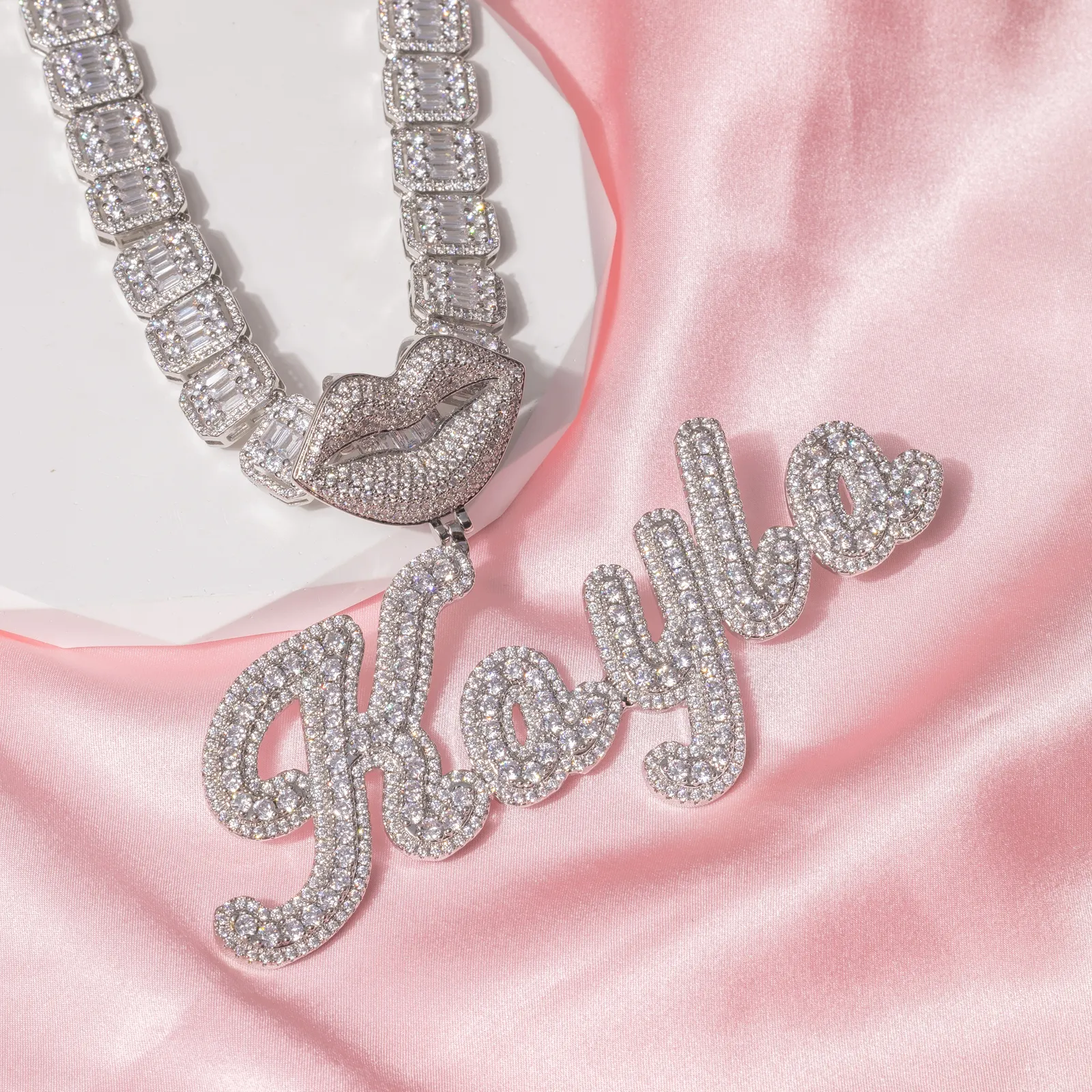 Iced out lips hook women custom name necklace baguette Chain CZ rose gold lips design clasp personalized name initial necklace