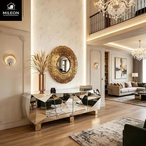 Buffet de luxe haut de gamme à <span class=keywords><strong>miroir</strong></span> géométrique diamanté avec base dorée pour salon, salle à manger, rangement, idéal pour villa et projets hôteliers - Product Image 2