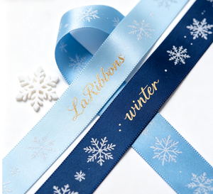 Ruban en satin bleu d'hiver avec imprimé flocon de neige doré, ruban cadeau en polyester pour emballage de cadeaux de Noël, OEKO‑TEX - Product Image 6