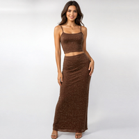 Tenues sexy V160 pour femmes, ensemble deux pièces marron avec strass, robe luxueuse scintillante avec diamants