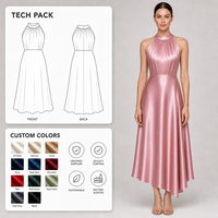 Robe midi en satin rose poudré ultra-brillant, col halter, col plissé, sans manches, taille haute, jupe évasée, pour femme, OEM, sur mesure, en gros