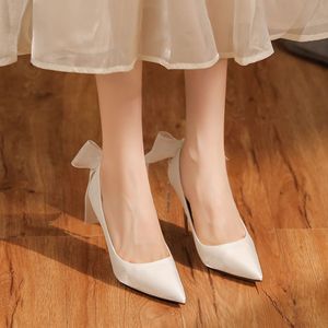 White Satin Pointed Toe Stiletto Heels With <b>Bow</b> Decoration High Heel Wedding Party Dress Shoes 9888A-077 - Product Image 3