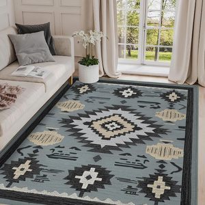 Tapis rectangulaire imprimé géométrique bohème Wan Xinlong, résistant aux taches, pour extérieur, gris, bleu, beige, camel, marron - Product Image 1