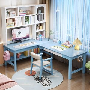 Escritorio esquinero de madera maciza con estantería integrada en forma de L para estudiantes, para uso en dormitorio o estudio. - Product Image 3