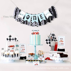 Ragazzo compleanno di un anno di 2 anni nero bianco Plaid cartone animato fatto a mano panno Eco Friendly festa di compleanno Banner - Product Image 1