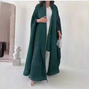 OEM Factory high quality Miyake Pleated Abaya Turn Down Collar Kaftan Robes Front Open Coat Women Muslim Modest Abaya