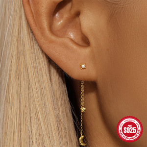 Đồ Trang Sức Mỹ 18K Mạ Vàng Dài Bông Tai Chuỗi Vermeil Đồ Trang Sức 925 Sterling Bạc Phụ Nữ Mặt Trăng Sao Tua Bông Tai - Product Image 2