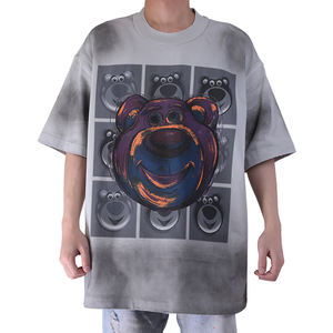 Logo personnalisé dessin animé rétro américain imprimé 100% coton 320gsm oversize épaule goutte T-Shirt homme noir brossé à la main - Product Image 2