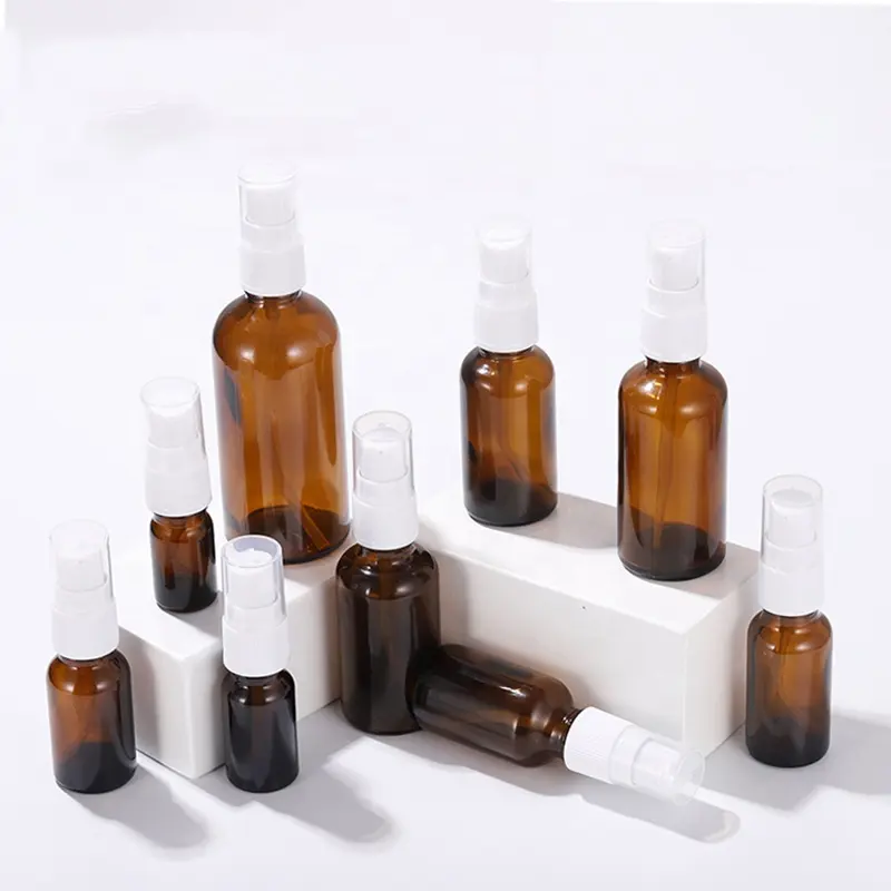 Botella de vidrio ámbar con tapa de pulverización, 10ml, 20ml, 30ml, 50ml, 100ml