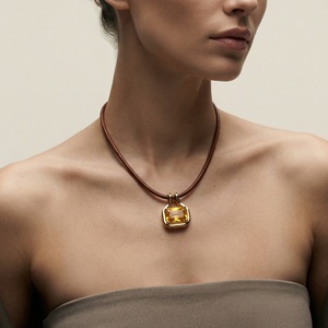For New Arrival Chunky Rock <strong>Candy</strong> Emerald Zircon Aurora <strong>Necklace</strong> Chic Classic Style Stainless Steel Leather Cord <strong>Necklace</strong> - Product Image 5