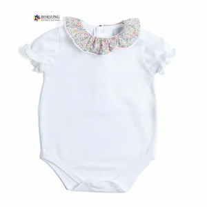 2022 New Fashion Baby Clothes Pink Floral Print Ruffle Collar Onesie Girls Summer Cotton Short Sleeve Bodysuit