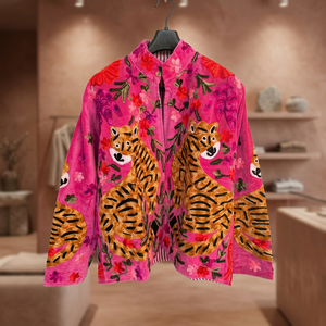 Blouson safari en velours rose à col mandarin, broderie Suzani, manches longues, imprimé animal, vêtements d'extérieur pour femmes en coton, automne - Product Image 2