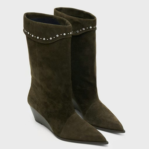 Women's Diamonds High Wedge Heels Ankles <b>Boots</b> Wide Top on Shoes Pointed Toe Suede Pleated Short Booties - Product Image 5