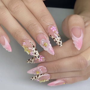 <span class=keywords><strong>Uñas</strong></span> Postizas Francesas Semimanuales a Presión, <span class=keywords><strong>Estilo</strong></span> Moderno con Estampado <span class=keywords><strong>de</strong></span> Cebra y Leopardo, con Perlas <span class=keywords><strong>Pequeñas</strong></span> y Cuentas Doradas, Precio Bajo al por Mayor - Product Image 2