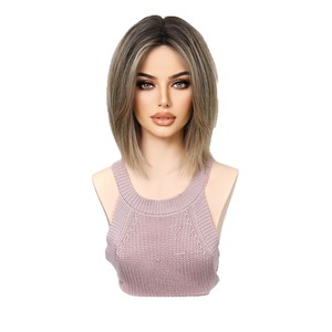 Peluca completa para mujer La Sylphide, peluca corta y recta hasta los hombros con degradado marrón y raya central, estilo europeo americano - Product Image 5