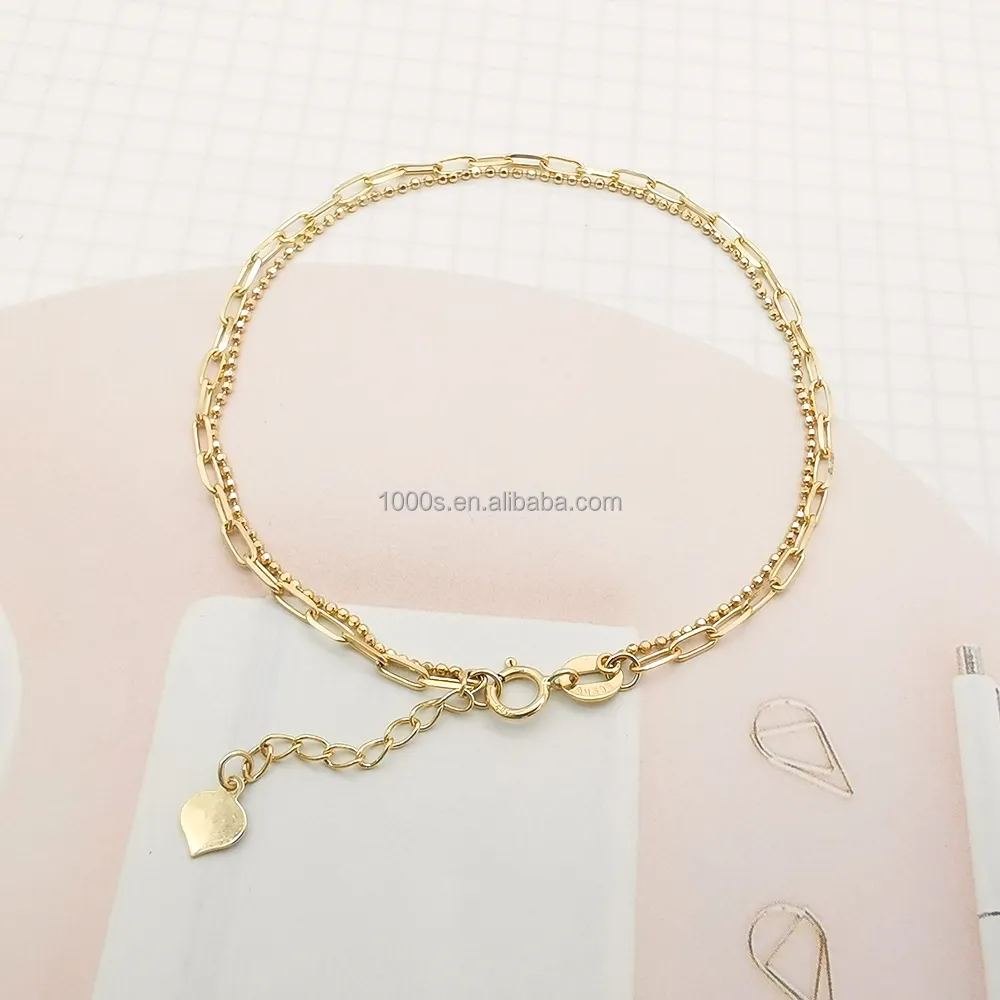 Pulseira de ouro de 14k com corrente dupla, bracelete com fecho dourado de ouro genuíno de design clássico, 14k, joias