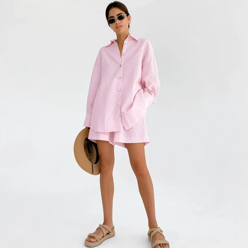 Novas chegadas Mulheres férias de verão 100% algodão manga longa duas peças ao ar livre loungewear pijamas conjunto