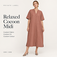 Robe midi en lin haut de gamme personnalisée OEM pour femme, style décontracté vintage, col en V, manches mi-longues, taille naturelle, saison automne - Taille XS