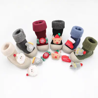 Christmas Kids Toddlers Rubber Sole Non-Skid Indoor Floor Slipper Socks Baby Boy Girls Breathable Cotton Outdoor Socks Shoe