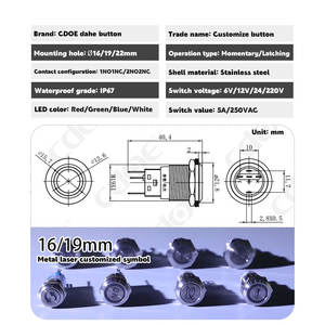 <span class=keywords><strong>UL</strong></span> Ip67 16MM 19MM 22MM 적색 LED 맞춤형 산업용 순간 푸시 버튼 스위치 방수 제어판 - Product Image 3