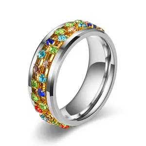 Roestvrijstalen Roterende Ringen Titanium Staal Volledig Diamant Draaibare Angst Ring Regenboog Zirkoon Anti Stress Fidget Spinner Ring