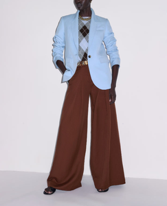 Women's Light Blue <b>Wool</b> Polyester Blazer With Argyle Sweater Brown Wide Leg <b>Pants</b> Full Sleeve Notched Collar Single Button - Product Image 1