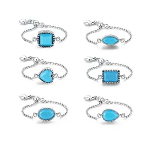 New arrival retro fine jewelry 925 sterling silver rhodium plated turquoise chain geometric love marquise adjustable ring