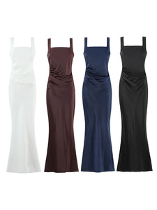 Robe longue de soirée élégante pour <span class=keywords><strong>femme</strong></span> en satin, col <span class=keywords><strong>carré</strong></span>, bretelles larges, taille froncée, devant drapé, dos lacé, <span class=keywords><strong>coupe</strong></span> sirène - Product Image 1