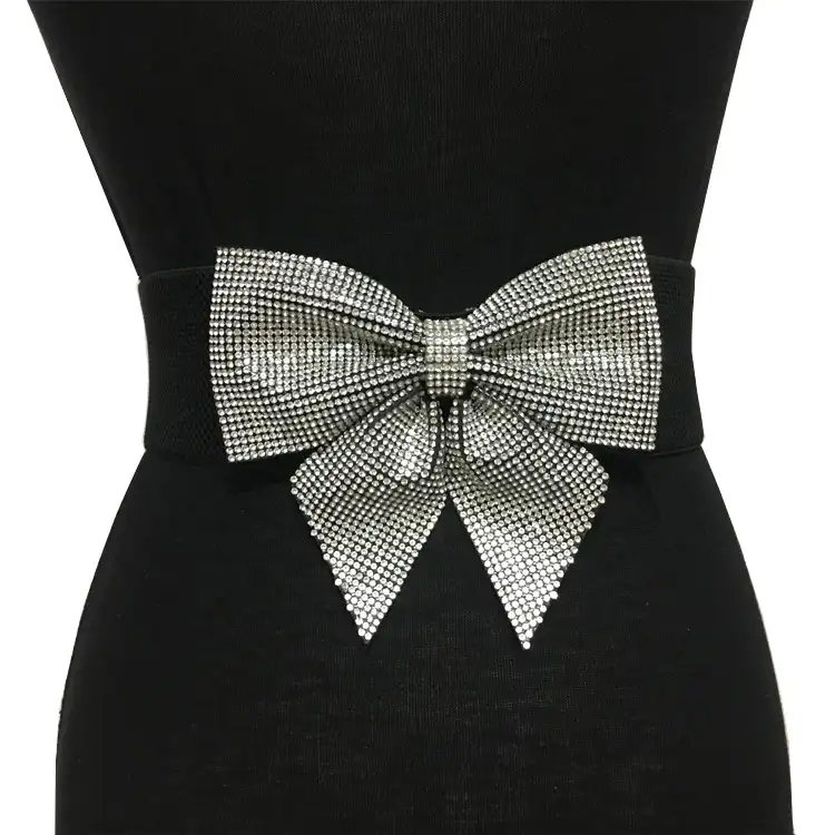 Cinturón elástico con lazo de diamantes de imitación para mujer, cinturón ancho para vestido de boda