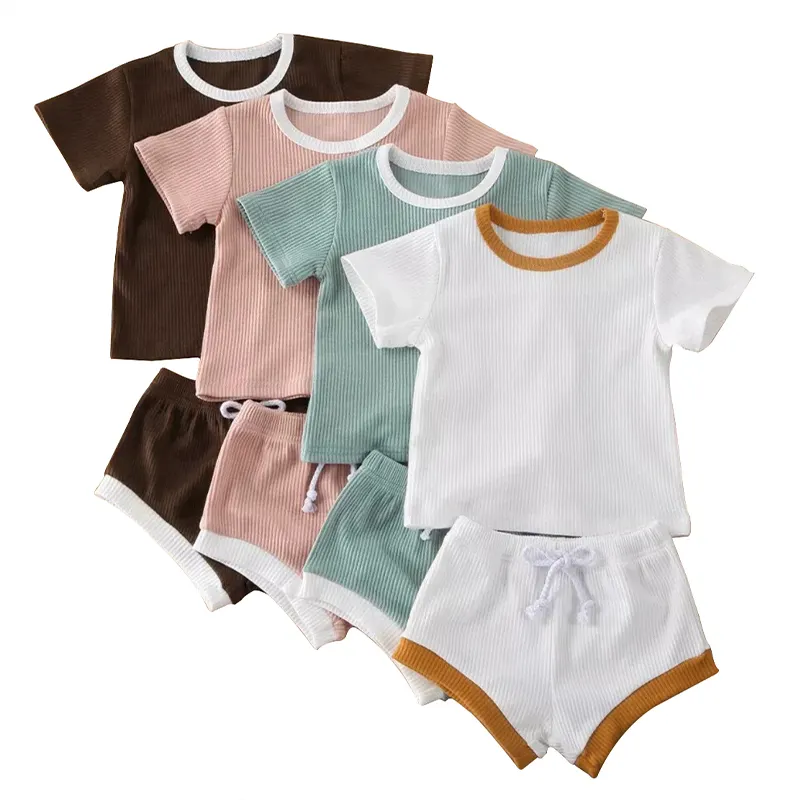 Conjunto de shorts infantis com nervuras, conjunto de duas peças de algodão orgânico para crianças, shorts e camisetas, conjunto de roupas para meninas