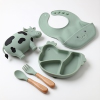 Ensemble repas bébé en silicone OEM pour animaux de ferme, sans BPA, avec bol vache, assiette poulet, bavoir cochon, cuillère et fourchette, qualité alimentaire pour l'alimentation des tout-petits