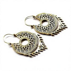 Best Price Indian Brass Hoop <b>Earring</b> with <b>Pearl</b> <b>and</b> <b>Diamond</b> Bohemian & Religious Style for Wedding Engagement or Party Gift - Product Image 2