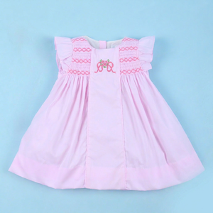 Robe d'été pour filles brodée à la main, personnalisée OEM ODM Babeeni, 100% coton, manches bouffantes, coupe trapèze, mi-mollet, rose uni, motif animal - Product Image 1