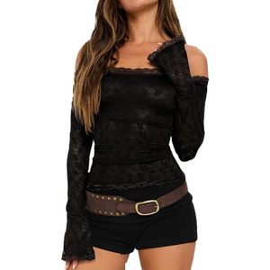 Haut à manches longues et épaules dénudées avec dentelle pour femme, noir, en spandex et polyester doux, coupe courte, style épaules dénudées - Product Image 4