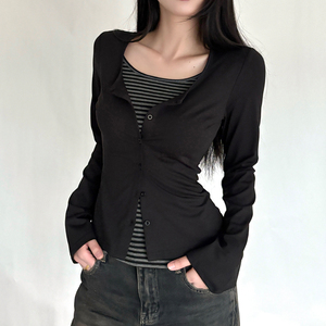 Vintage Knitted Stripe Print Cutout Top Women's T-shirt Korean New Style <b>Button</b> Front Slim Fit Full Sleeve False Breathable - Product Image 6