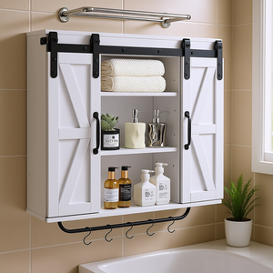 Mobiletto da Bagno Bianco a 2 Ante con 3 Ripiani Regolabili, Stile Rustico, Montaggio a Parete per Bagno - Product Image 2