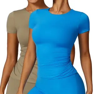 Kaus olahraga wanita, CDX8575 Wanita leher Crew Super elastis ketat cocok cepat kering atasan Yoga Gym kebugaran latihan Activewear
