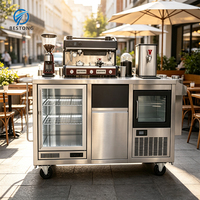 Chariot de vente de café commercial robuste avec évier, drain et réfrigérateur sous comptoir, étagère multi-niveaux pour hôtel et bar
