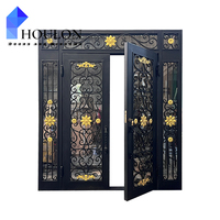 Portes de Sécurité Extérieures Doubles Modernes Style Mid-Century avec Grille, Verre, Isolation Thermique, Fibre de Verre, Modèle Houlon WID, Personnalisées pour Villa